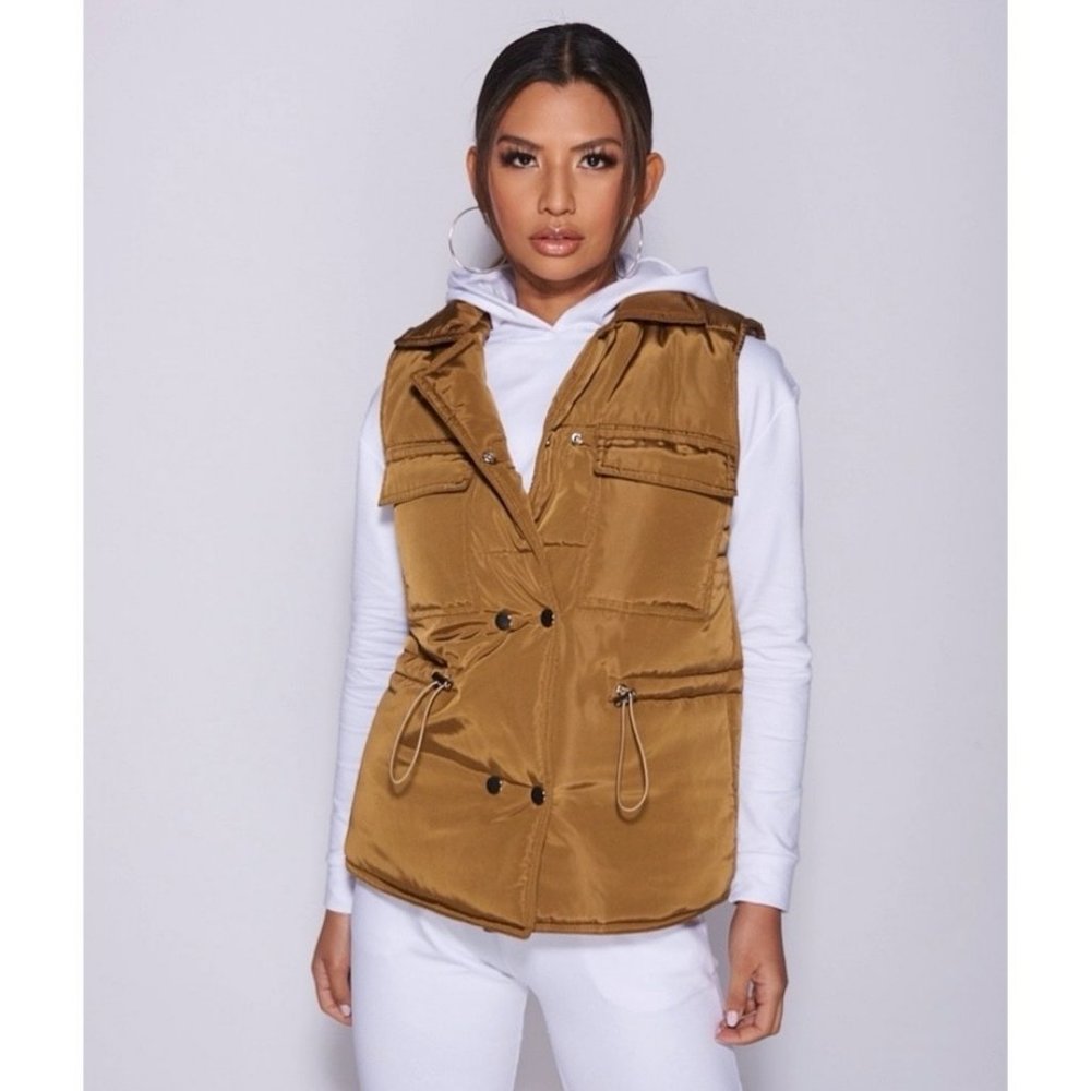 Sleeveless Collared Double Breasted Padded Puffer Jacket Vest Gilet - Picture 12 of 13